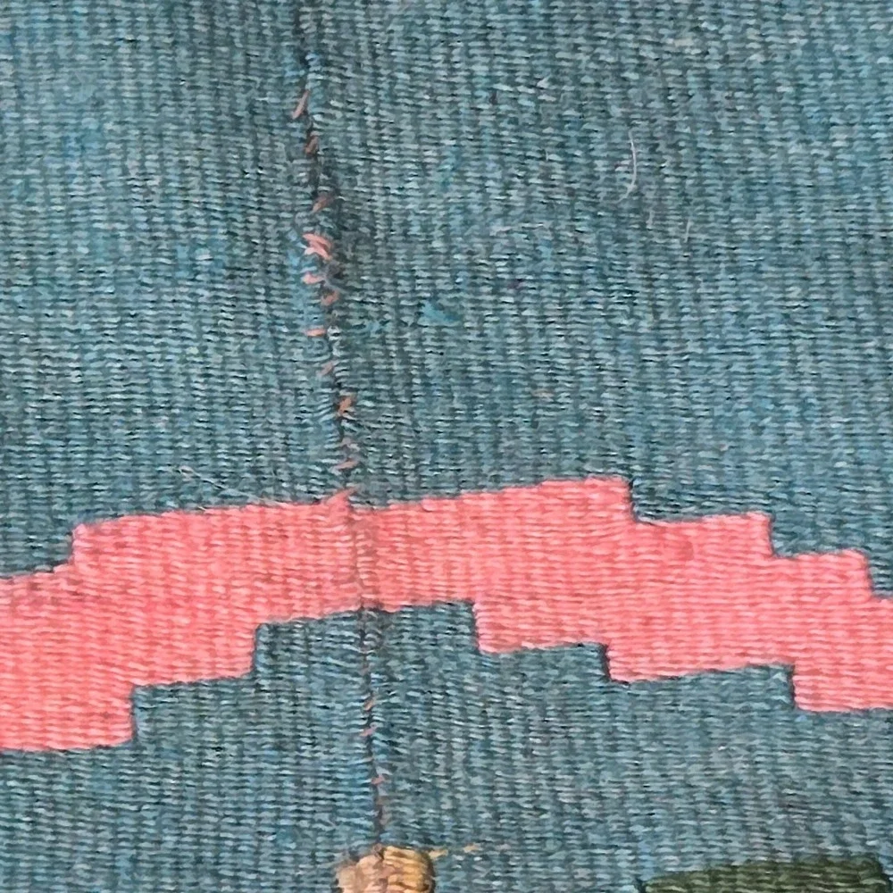 Vintage Handwoven Kilim Rug Floral Medallion Turquoise Tan Boho Flatweave Fringe